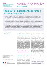 TALIS 2013 - Enseignant en France : un métier solitaire ? / Jean-François Chesné, Chi-Lan Do et Sylvaine Jego (DEPP B4), Pierrette Briant (DEPP A2), Florence Lefresne (MIREI) et Caroline Simonis-Sueur (MIPEREF) | DO, Chi-Lan. Auteur