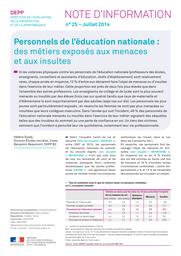 Personnels de l'éducation nationale : des métiers exposés aux menaces et aux insultes / Hélène Guedj, Division Études sociales, Insee, Benjamin Beaumont, DEPP B3 | BEAUMONT, Benjamin. Auteur