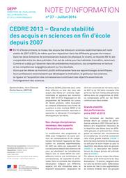 CEDRE 2013 - Grande stabilité des acquis en sciences en fin d'école depuis 2007 / Sandra Andreu, Yann Étève et Émilie Garcia | GARCIA, Emilie. Auteur
