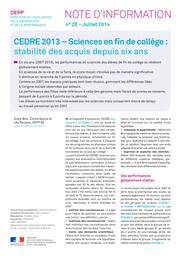 CEDRE 2013 - Sciences en fin de collège : stabilité des acquis depuis six ans / Anaïs Bret, Émilie Garcia et Léa Roussel | GARCIA, Emilie. Auteur