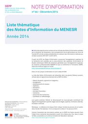 Liste thématique des Notes d’Information du MENESR : année 2014 / Ministère de l'éducation nationale, de l'enseignement supérieur et de la recherche. Direction de l'évaluation, de la prospective et de la performance | MOISAN, Catherine. Directeur de publication