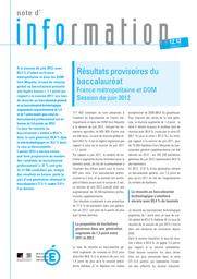 Résultats provisoires du baccalauréat : France métropolitaine et DOM - session de juin 2012 / Sylvie Le Laidier et Fanny Thomas | LE LAIDIER, Sylvie. Auteur