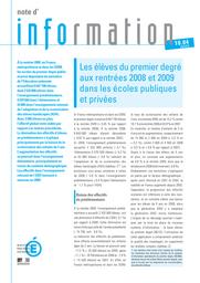 Les élèves du premier degré aux rentrées 2008 et 2009 dans les écoles publiques et privées / Linda Ben Ali | BEN ALI, Linda. Auteur