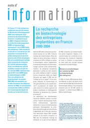 La recherche en biotechnologie des entreprises implantées en France : 2000-2004 / Etienne Pfister | PFISTER, Etienne. Auteur