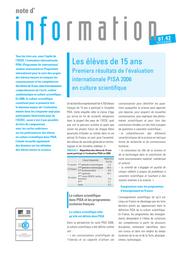 Les élèves de 15 ans : premiers résultats de l'évaluation internationale PISA 2006 en culture scientifique / Ginette Bourny et Agnès Brun | BOURNY, Ginette. Auteur