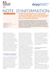 64 564 élèves allophones nouvellement arrivés en 2020-2021 : neuf sur dix bénéficient d’un soutien linguistique ou d’une scolarité dans un dispositif spécifique / Laurence Brun | BRUN, Laurence. Auteur