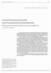 Education & Formations : études et documents : Évaluation pédagogique dans les écoles Ecoles rurales - écoles urbaines; La vie à l’école des enfants de niveaux préélémentaire; Les performances des lycées pour la préparation au baccalauréat; Le processus d’orientation en fin de troisième : numéro 11 avril - juin 1987. article 03, Les performances des lycées publics et privés pour la préparation au baccalauréat. (Etude sur trois cohortes d'élèves dans trois académies). / Bruno Liensol et Denis Meuret | LIENSOL, Bruno. Auteur