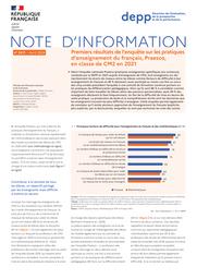 Premiers résultats de l’enquête sur les pratiques d’enseignement du français, Praesco, en classe de CM2 en 2021 / Lucie Goube, Agnès Lugand, David Potrel, Christelle Raffaëlli, DEPP-B; Maryse Bianco, Pascal Bressoux, Laurent Lima, Anne Vibert | GOUBE, Lucie. Auteur