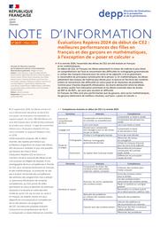Évaluations Repères 2024 de début de CE2 : meilleures performances des filles en français et des garçons en mathématiques, à l’exception de « poser et calculer » / Julien Desclaux, Hugo Giraudeau-Barthet, Sandra Andreu, Agnès Biarrotte-Sorin, Cédric Bourgeois, François-Xavier Cannes, Pierre Conceiçao, Yann Eteve, Laetitia Evrard, Charlotte Gill-Sotty, Laurent Korchia, Christophe Laskowski, Stéphanie Le Breton, Massimo Loi, Lauriane Magnino, Virginie Maitay, Stéphanie Mas, Lucie Neirac, Elodie Persem, Magalie Robaut, Gaël Raffy, Lourdes Rojas Rubio, Guillaume Rue, Julie Thumerelle, DEPP-B2-1-et B2-2 | DESCLAUX, Julien. Auteur