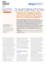 Résultats du test de positionnement en « littératie » et « numératie » en première année de CAP à la rentrée 2024 : 9 % des élèves sont en difficulté en compréhension de l’écrit et en résolution de problèmes / Marie Mahoux, Steve Nunes, Franck Salles, Virginie Sathicq; Sandra Andreu, Agnès Biarrotte-Sorin, Anaïs Bret, François-Xavier Cannes, Hélène Durand de Monestrol, Marguerite Garnero, Charlotte Gill-Sotty, Marina Hick, Aurélie Lacroix, Christophe Laskowski, Audrey Leger, Stéphanie Mas, Aïcha M’Bafoumou, Vincent Paillet, Élodie Persem, Guillaume Rue, DEPP-B2-1 et B2-2 | MAHOUX, Marie. Auteur